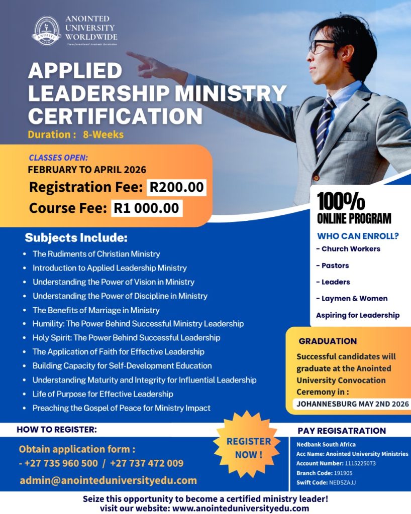 Applied Leadership Ministry Certification – 8-week online Christian leadership short course by Anointed University Worldwide