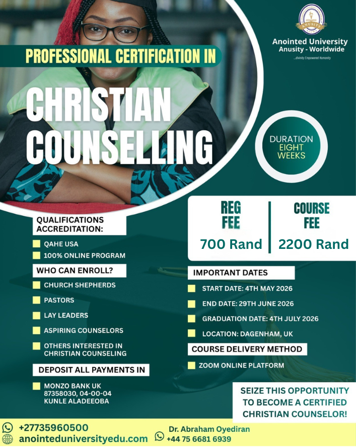 Professional Certification in Christian Counselling – 100% online faith-based short course with Anointed University Worldwide