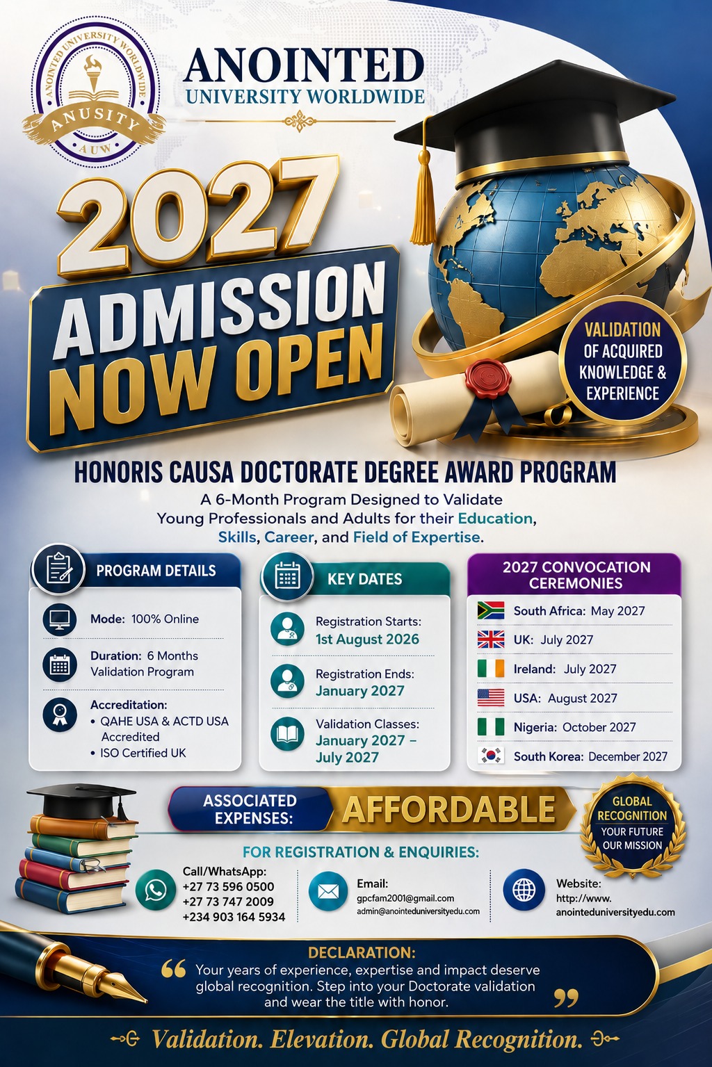 Anointed University Worldwide 2027 Honoris Causa Doctorate Degree Award Program admissions poster